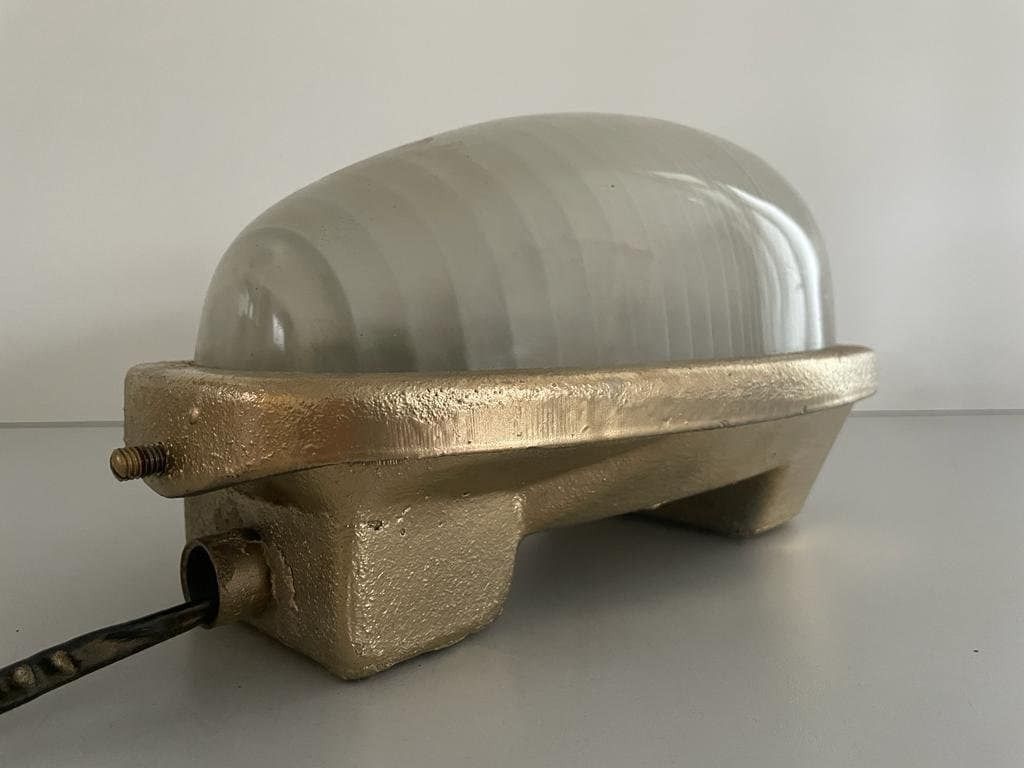 photo for sale Italian Glass And Gold Coated Brass Pair Of Industrial Sconces By Lambda, 1960s, Italy