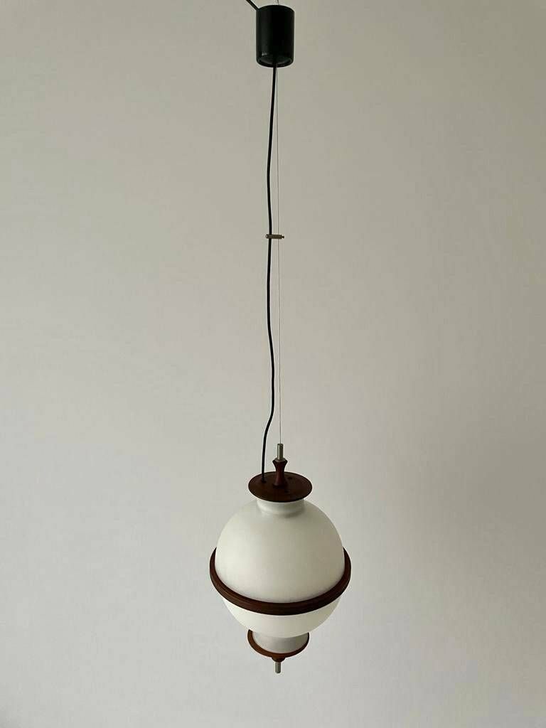 Opal Glass Ceiling Lamp By Reggiani Illuminazione With Teak Details, 1960s, Italy photo 2219.0