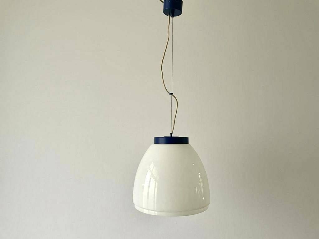 Italian White Glass Pendant Lamp With Dark Blue Top, 70s/80s, Italy photo Lighting