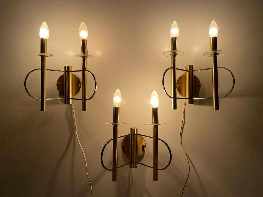 Mid Centuy Modern Cylindrical Twin Shade Gold Set Of 3 Sconces By Sciolari, 1960s, Italy photo furniture