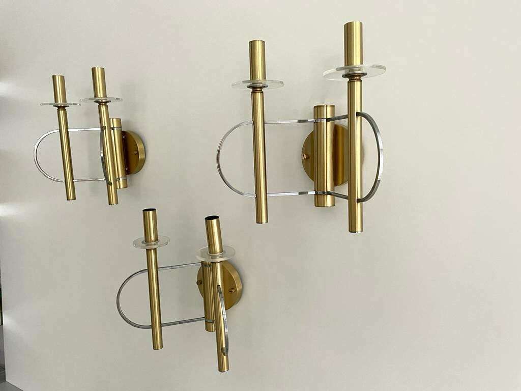 Mid Centuy Modern Cylindrical Twin Shade Gold Set Of 3 Sconces By Sciolari, 1960s, Italy photo Lighting