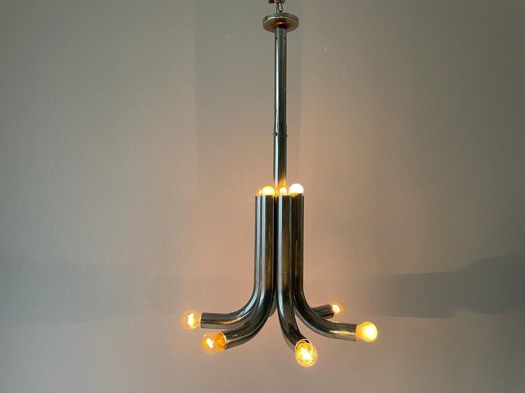 Italian 6 Tubular Design Chrome Chandelier By Stilux Milano, 1960s, Italy photo for sale