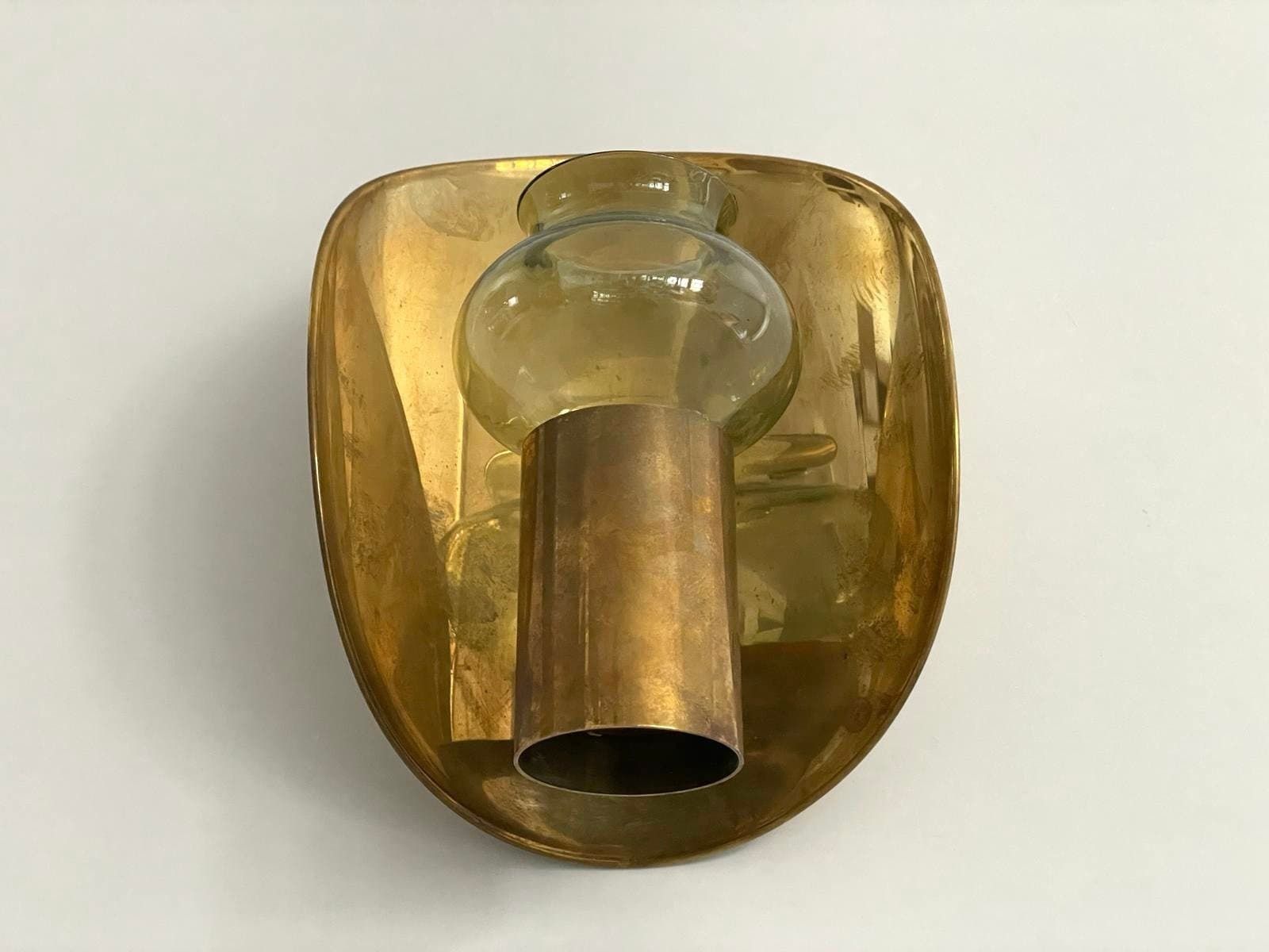 German Modernist Brass Curved Backside And Glass Candle Holder, Probably Scandinavia, 50s photo 743.0