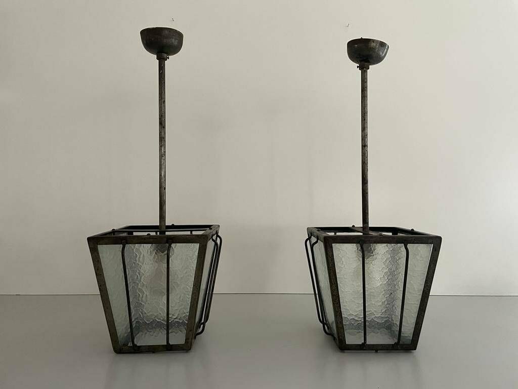 Industrial Type Frosted Glass Milano Apartment Pair Of Ceiling Lamps, 1950s, Italy photo vinterior
