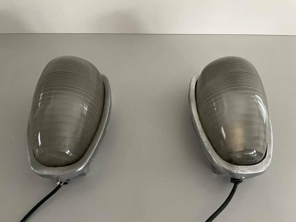 Italian Glass And Silver Coated Brass Pair Of Industrial Sconces By Lambda, 1960s, Italy