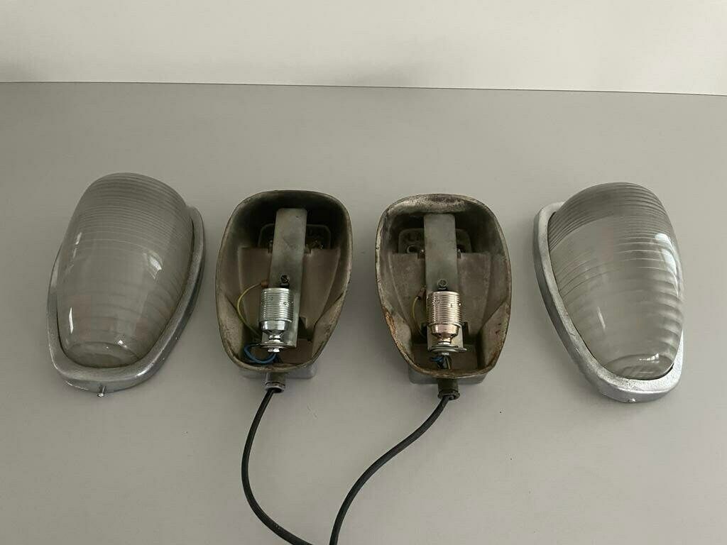 photo for sale Italian Glass And Silver Coated Brass Pair Of Industrial Sconces By Lambda, 1960s, Italy