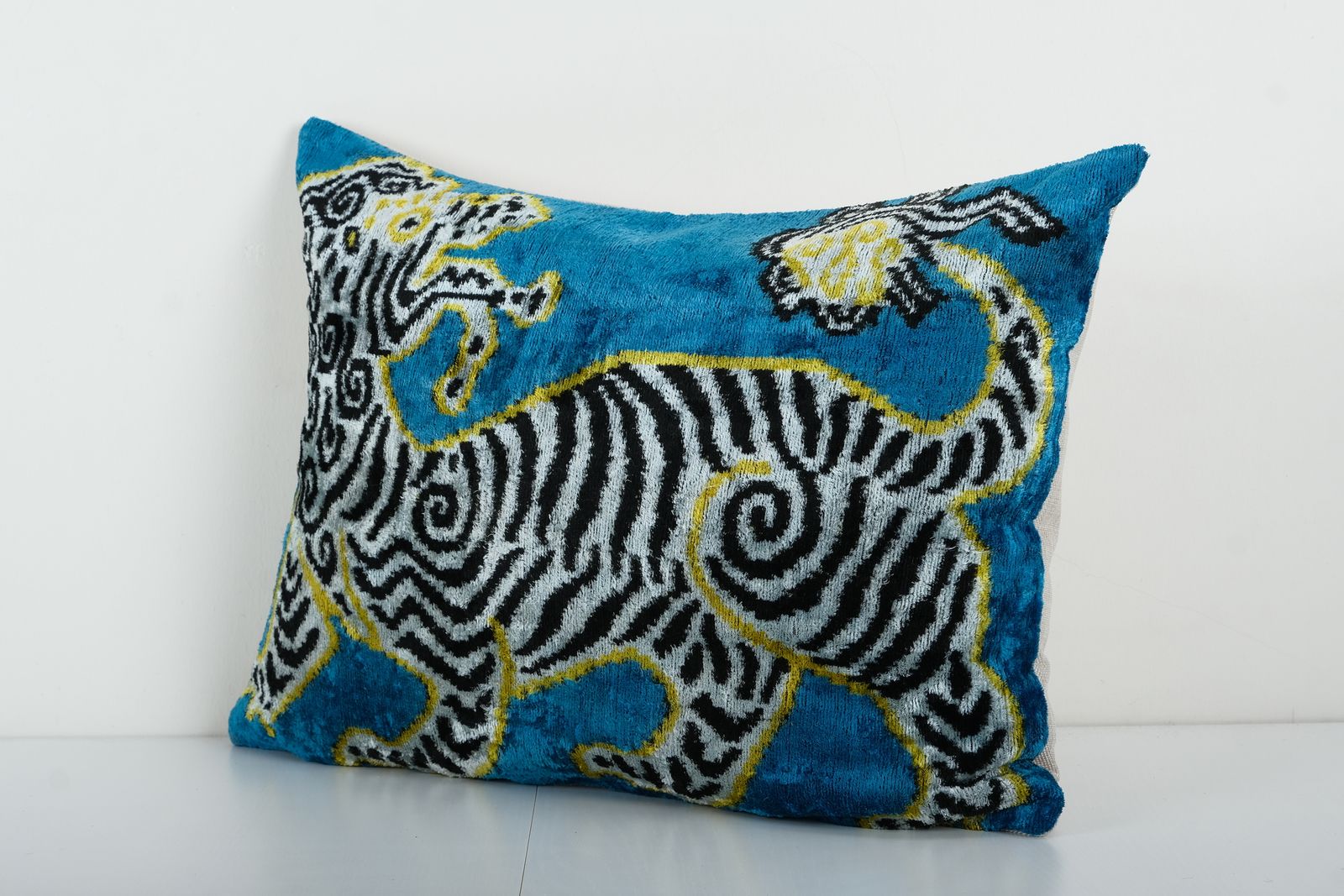 Zebra Silk Ikat Velvet Pillow Cover   Handloom Blue Animal Pattern Lumbar Cushion Cover   Ikat Home Decor Pillowcase photo Textiles