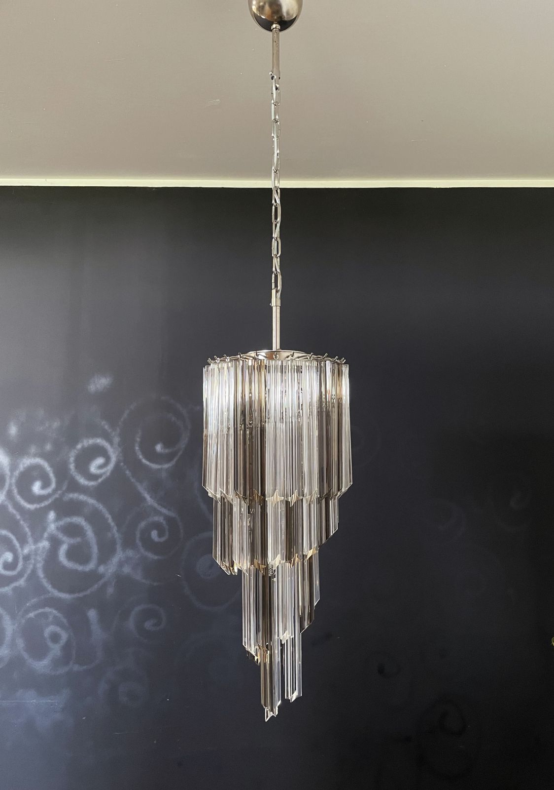 Murano Big Chandelier  – 54 Quadriedri Prisms Trasparent And Smoked photo vintage