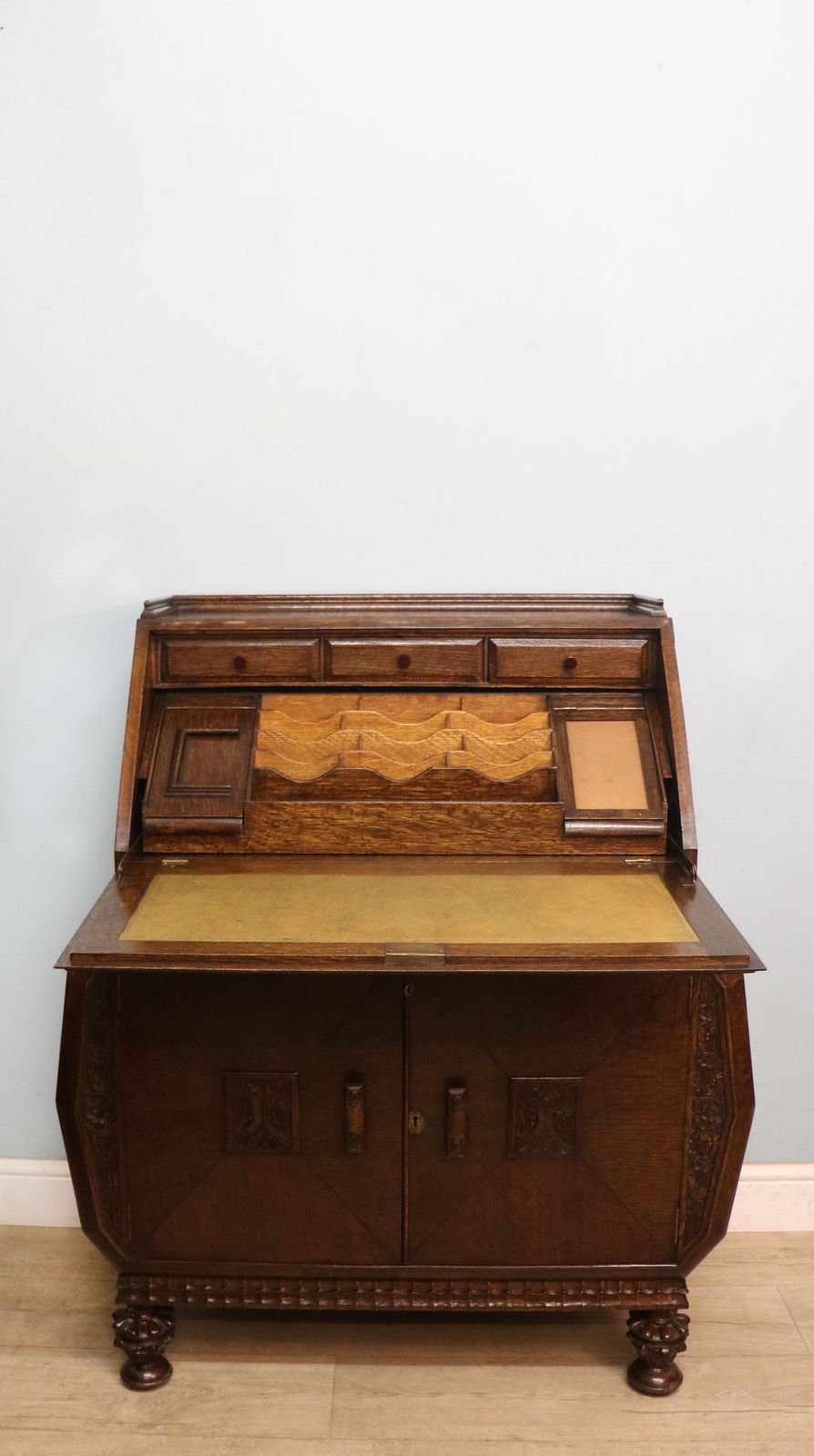 A Most Unusually Configured Oak Veneered Bureau.