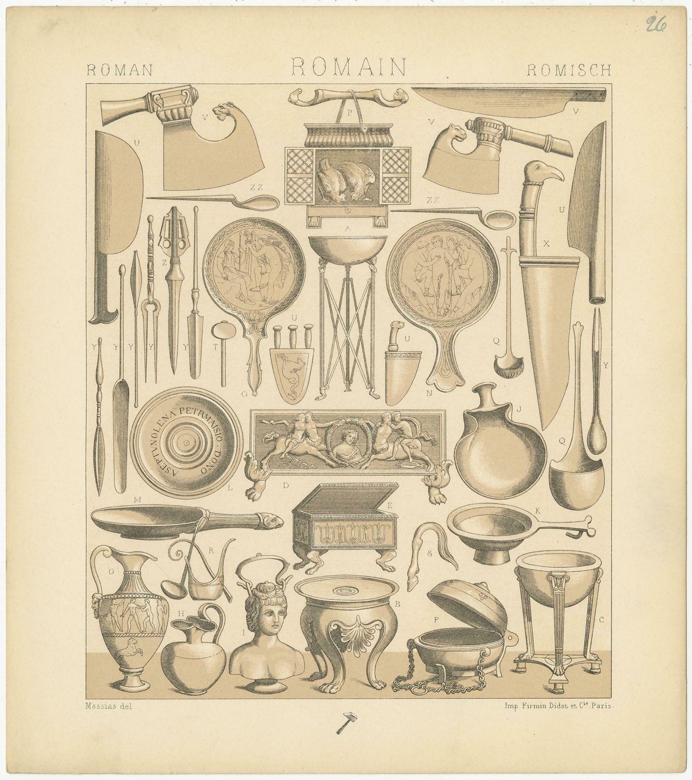 Pl. 26 Antique Print Of Roman Decorative Objects By Racinet, 'Circa 1880' photo Art