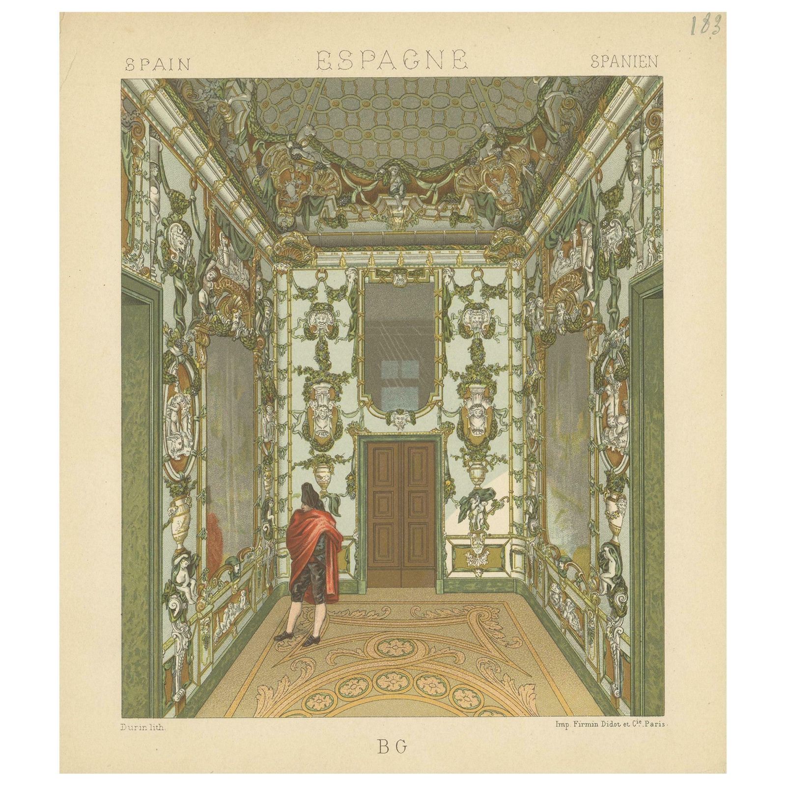 Pl. 183 Antique Print Of Spanish Interior By Racinet, 'Circa 1880'