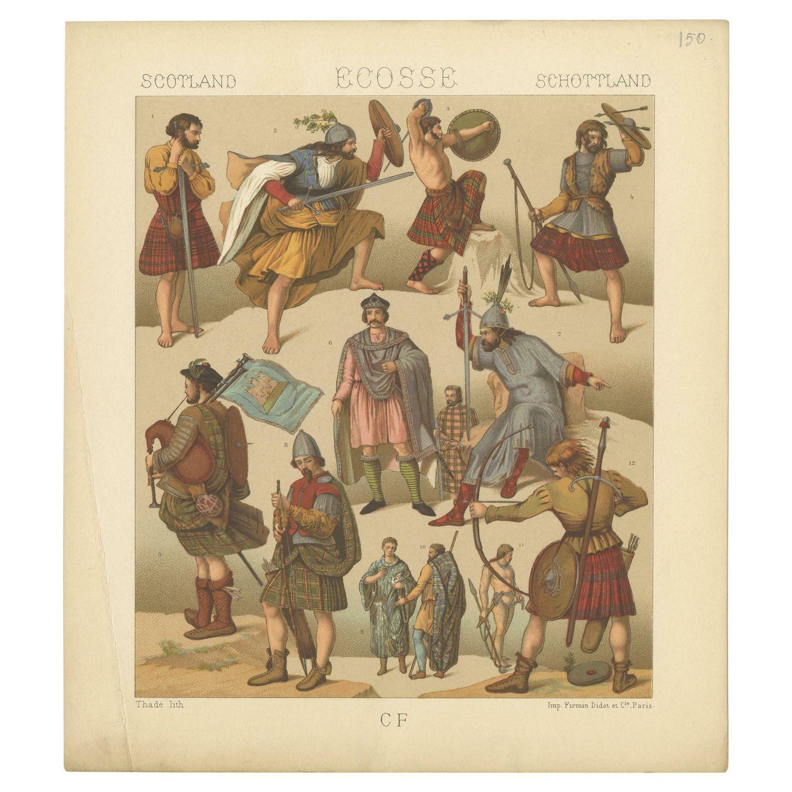 Pl. 150 Antique Print Of Scottish Military Outfits By Racinet, 'Circa 1880'