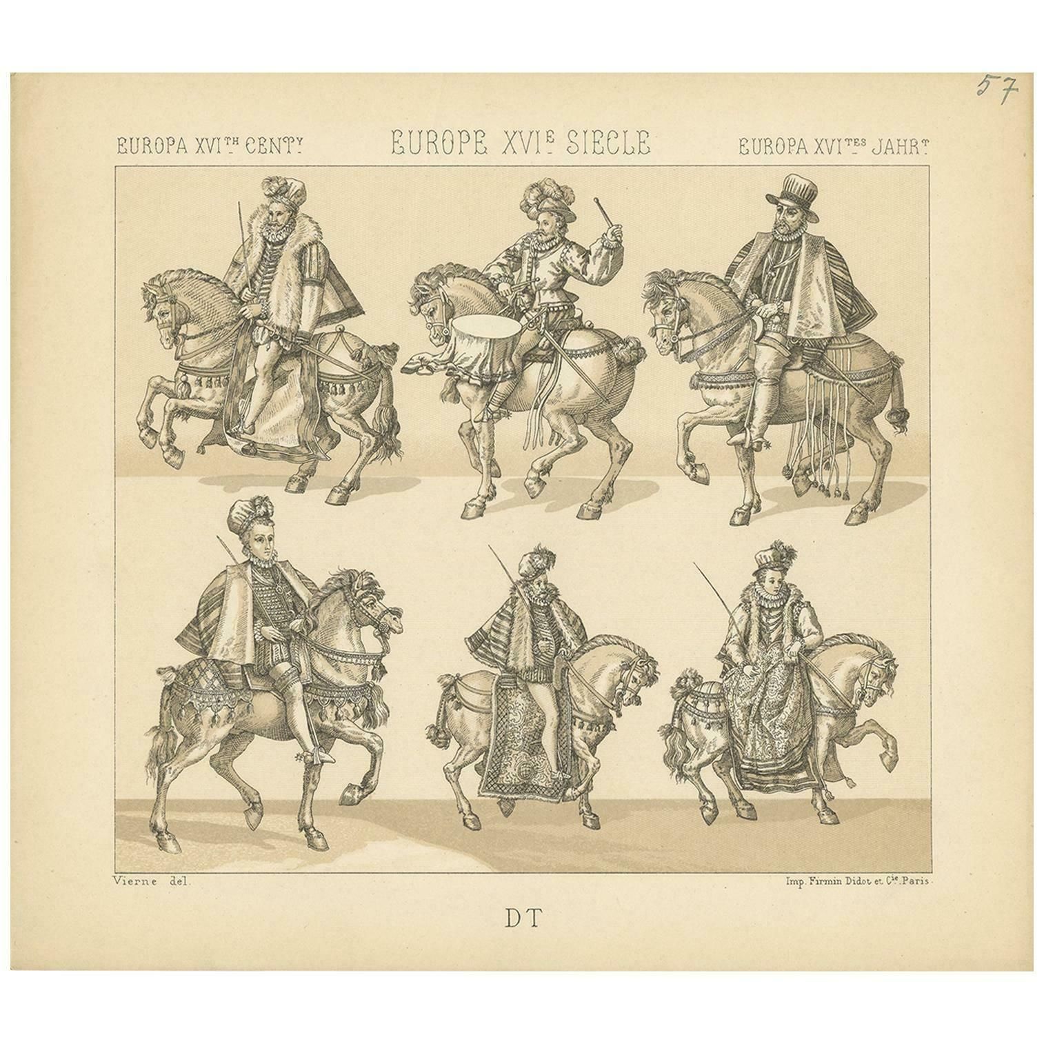 Pl. 57 Antique Print Of European 16th Century Battle Costumes By Racinet
