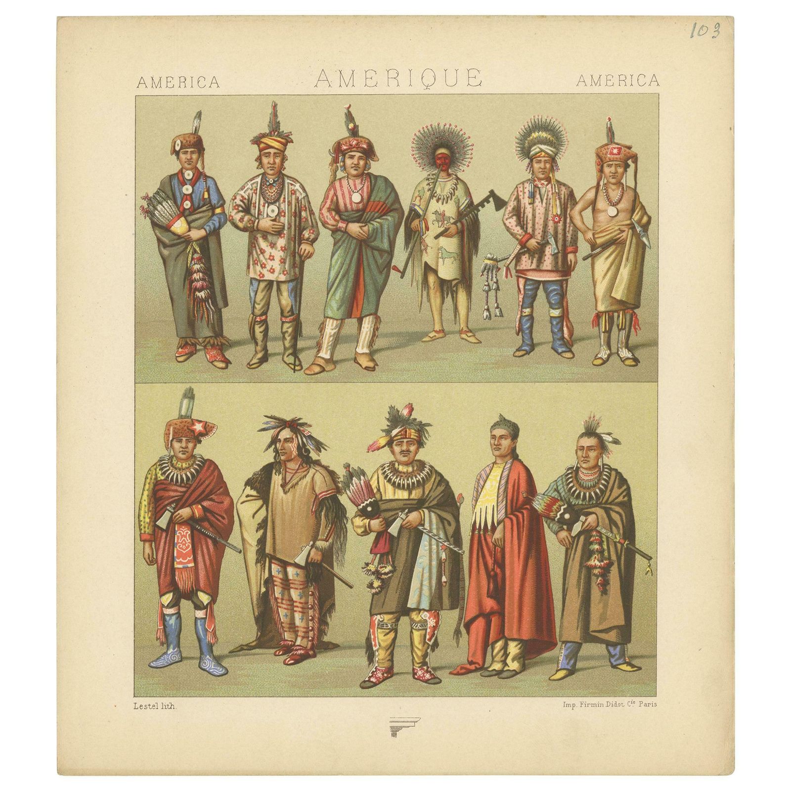 Pl. 103 Antique Print Of 'Native' American Costumes Racinet, 'Circa 1880'