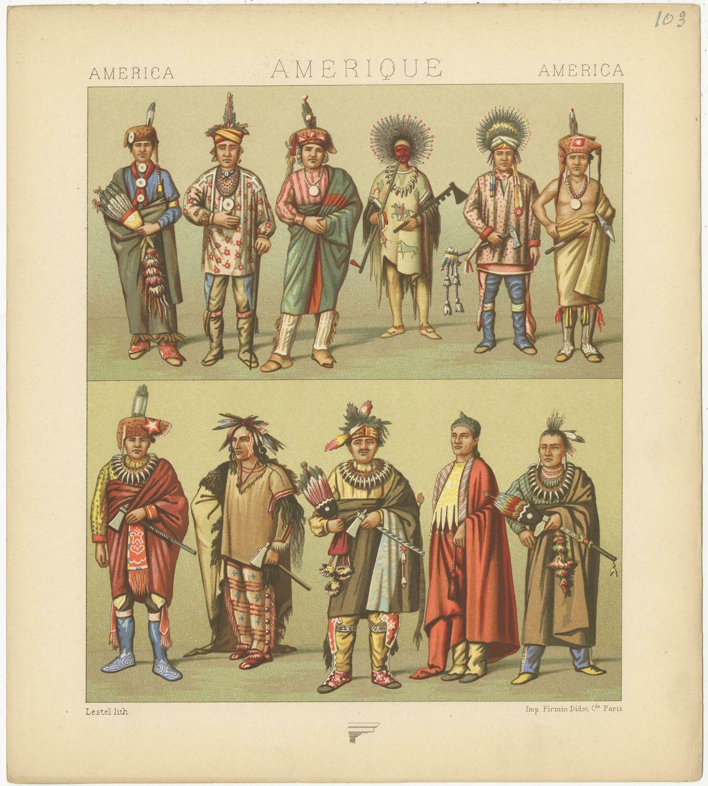 Pl. 103 Antique Print Of 'Native' American Costumes Racinet, 'Circa 1880' photo Art