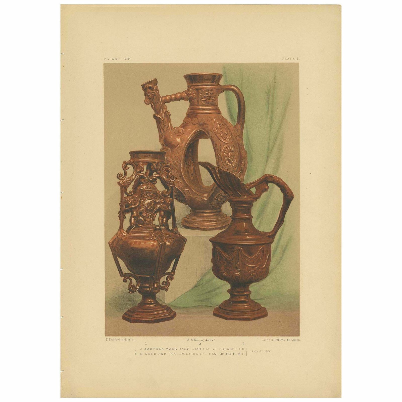 Pl. 2 Antique Print Of An Earthenware Vase By Bedford, Circa 1857