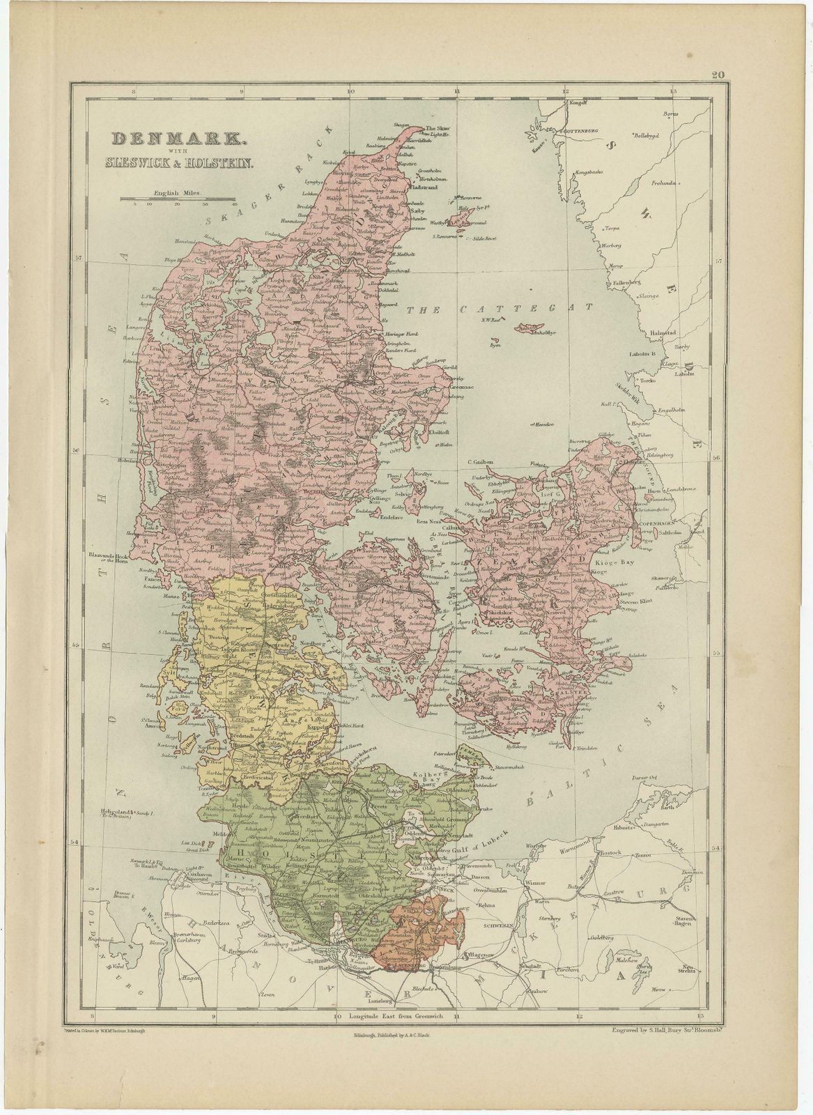 Antique Map Of Denmark With Schleswig & Holstein By A & C. Black, 1870 photo for sale