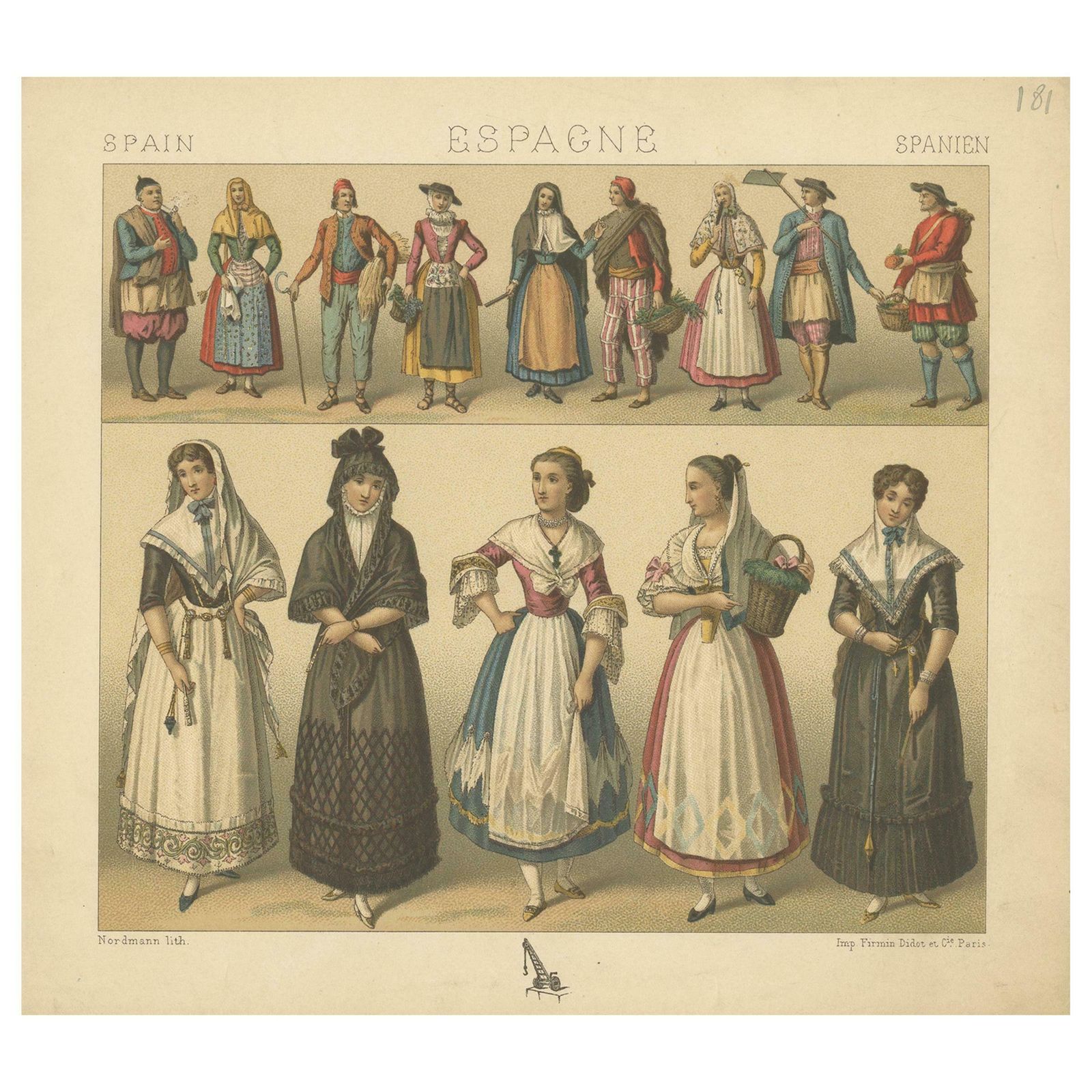 Antique Print Of Spanish Costumes By Racinet, 'Circa 1880'