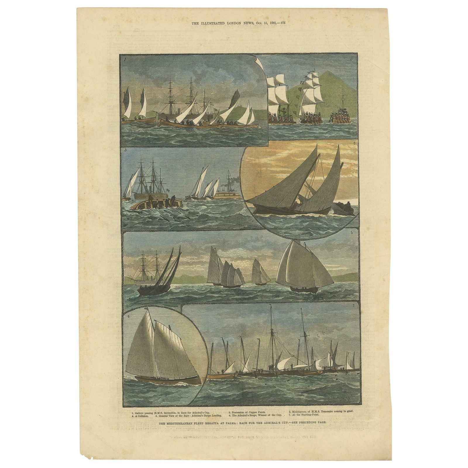 Antique Print Of The Mediterranean Fleet Regatta At Palma, 1881, Colored