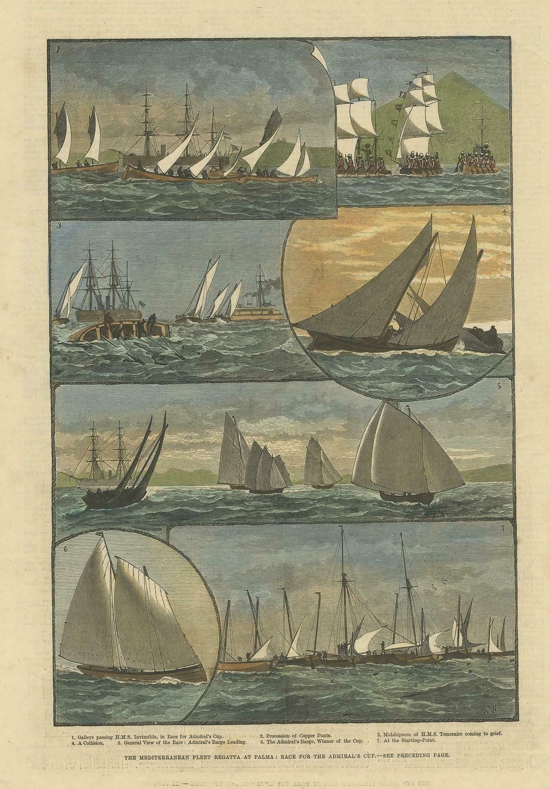 Antique Print Of The Mediterranean Fleet Regatta At Palma, 1881, Colored photo Art