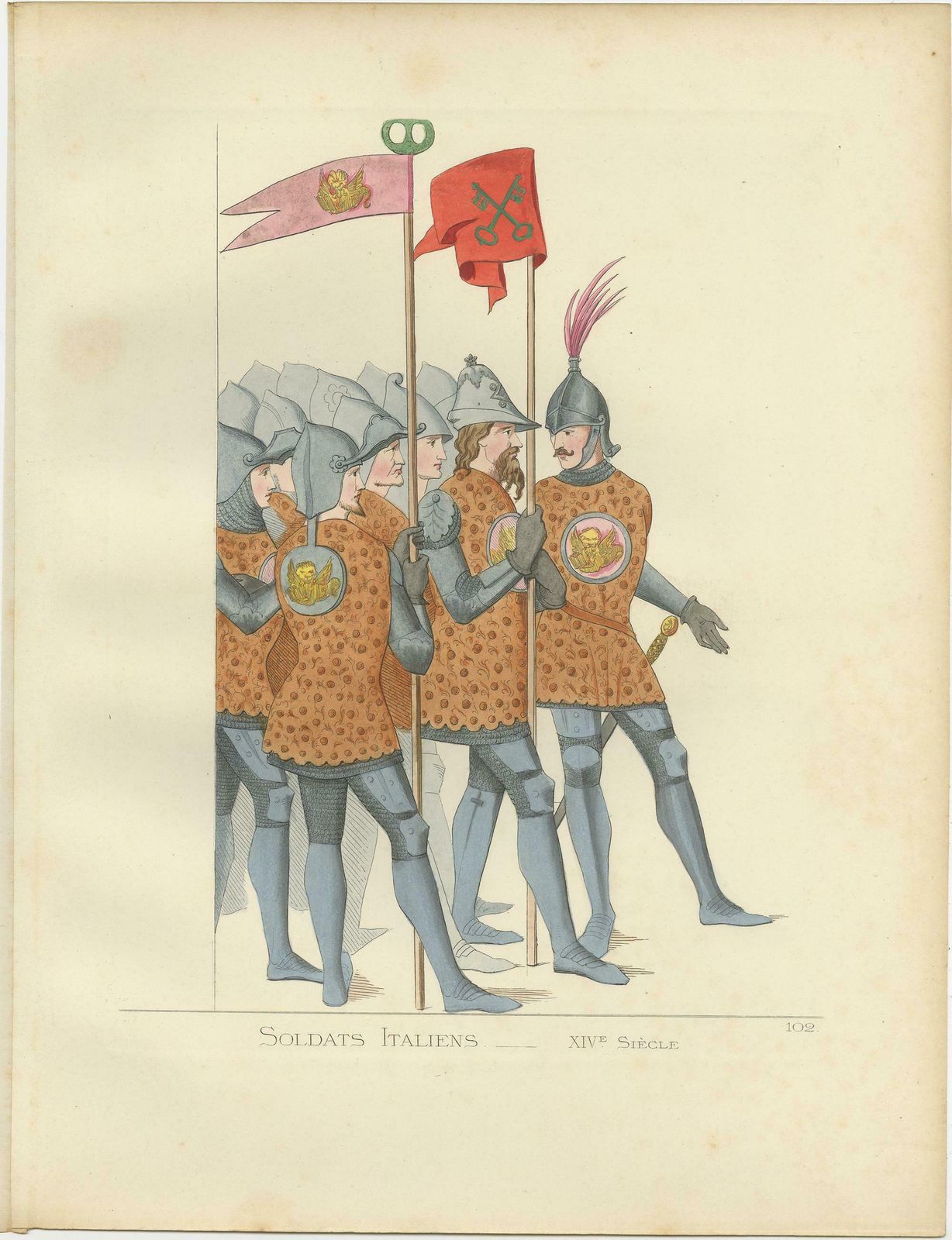Antique Print Of Italian Soldiers, 14th Century, By Bonnard, 1860 photo for sale