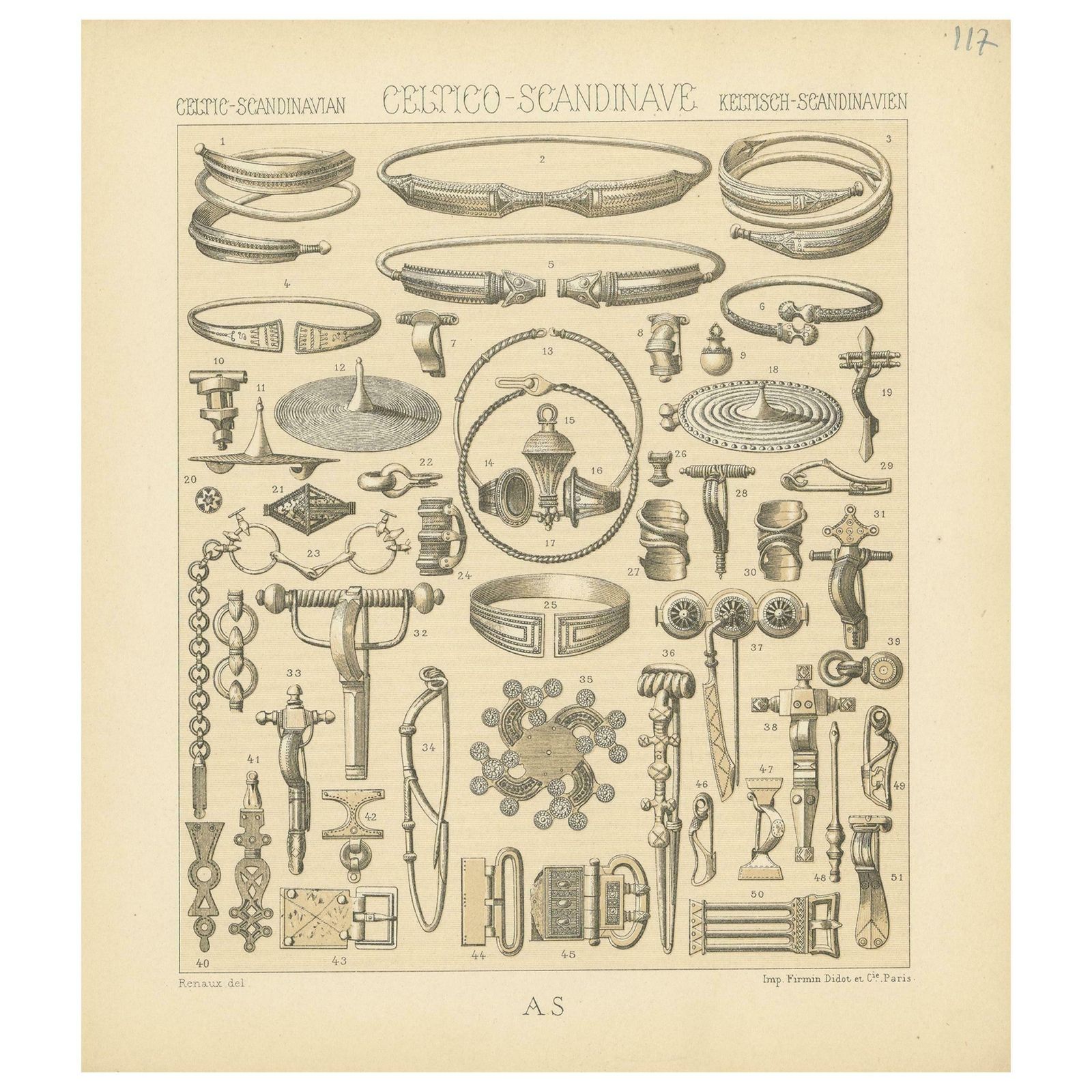 Pl. 117 Antique Print Of Celtic Scandinavian Objects Of Racinet, 'Circa 1880'