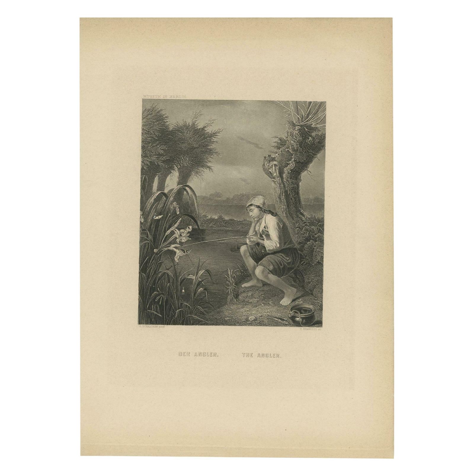 Antique Print Of A Young Man Fishing On A Riverbank By Heawood, 'C.1860'