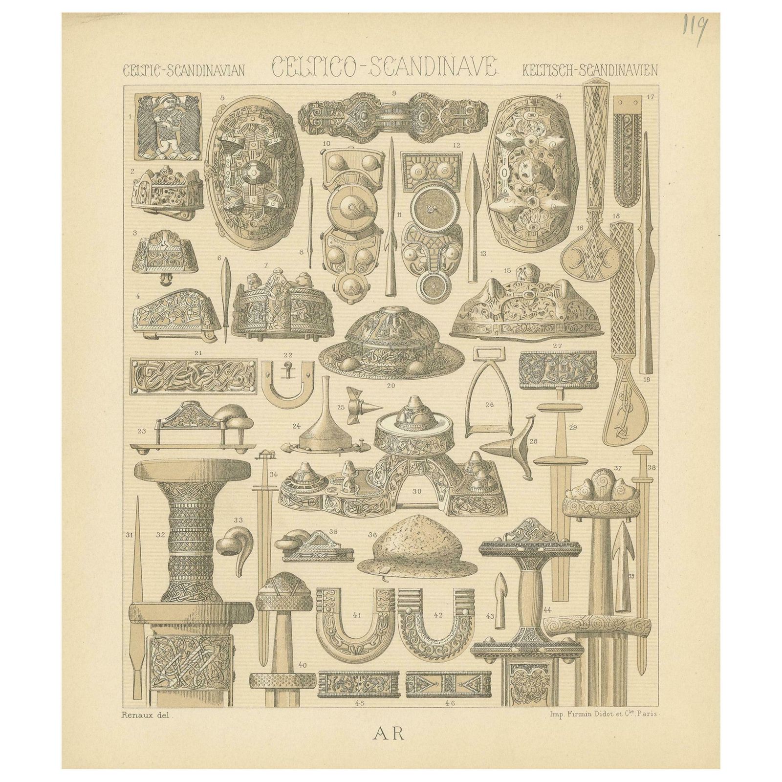 Pl. 119 Antique Print Of Celtic Scandinavian Objects Of Racinet, 'Circa 1880'