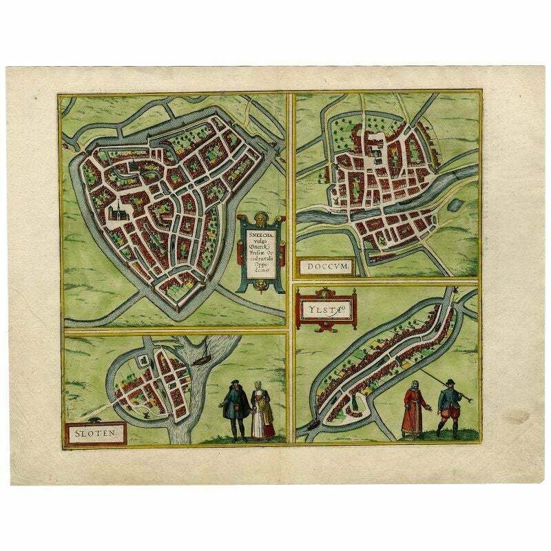 Antique Map Of Sneek, Dokkum, Sloten And Ijlst By Hogenberg, C.1572