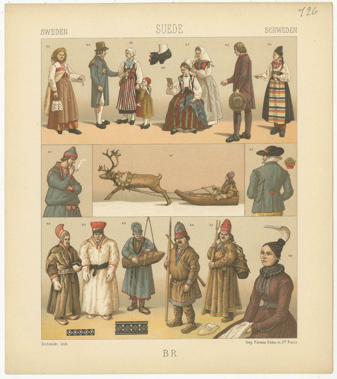 Pl. 126 Antique Print Of Swedish Costumes Of Racinet, 'Circa 1880' photo for sale