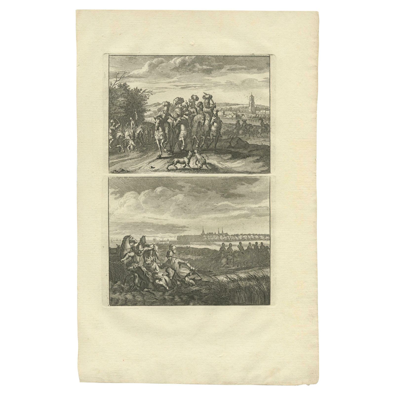 Antique Print Of A Hunting Scene And The Murder Of Count Floris V 'C.1690'