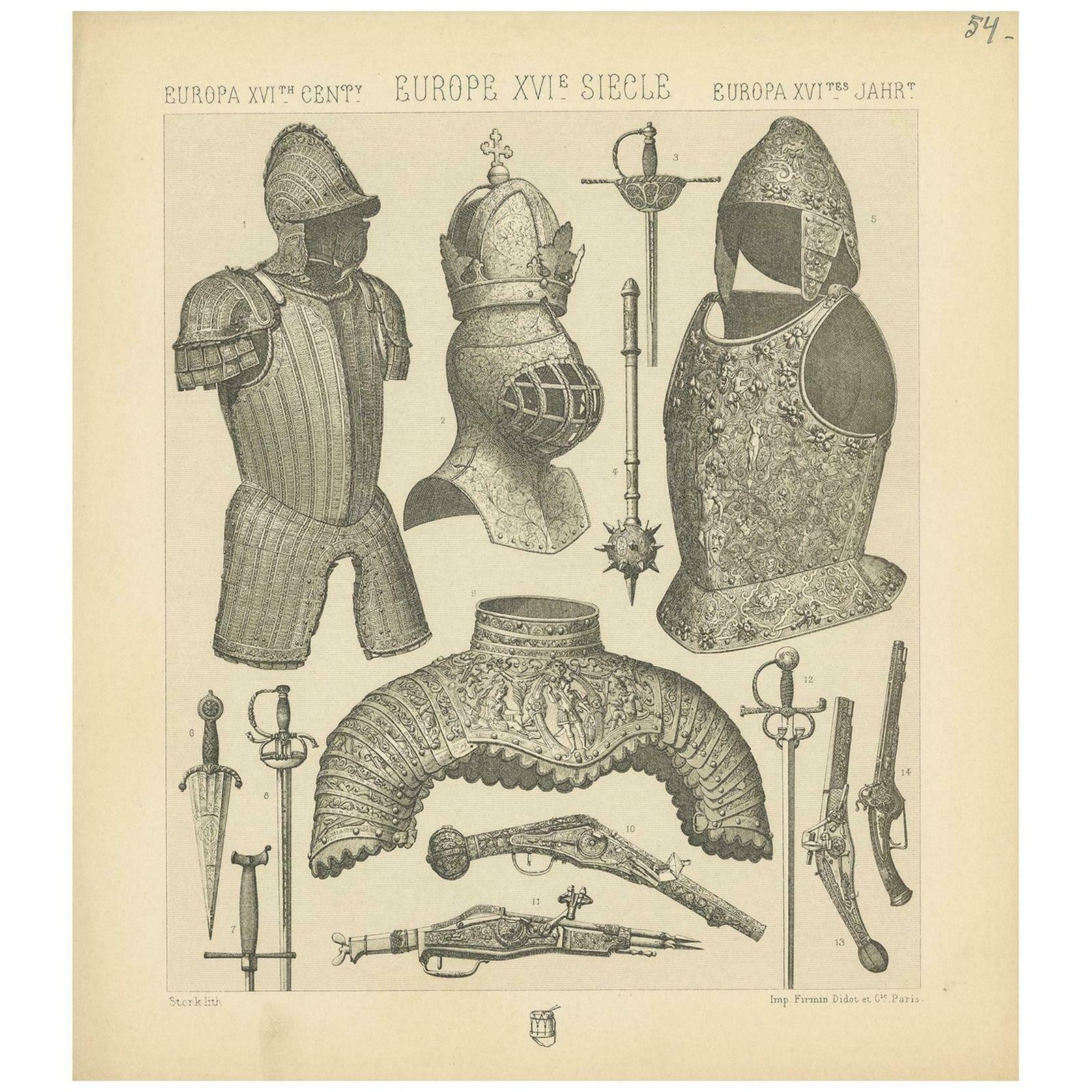 Pl. 54 Antique Print Of European 16th Century Armaments By Racinet, Circa 1880