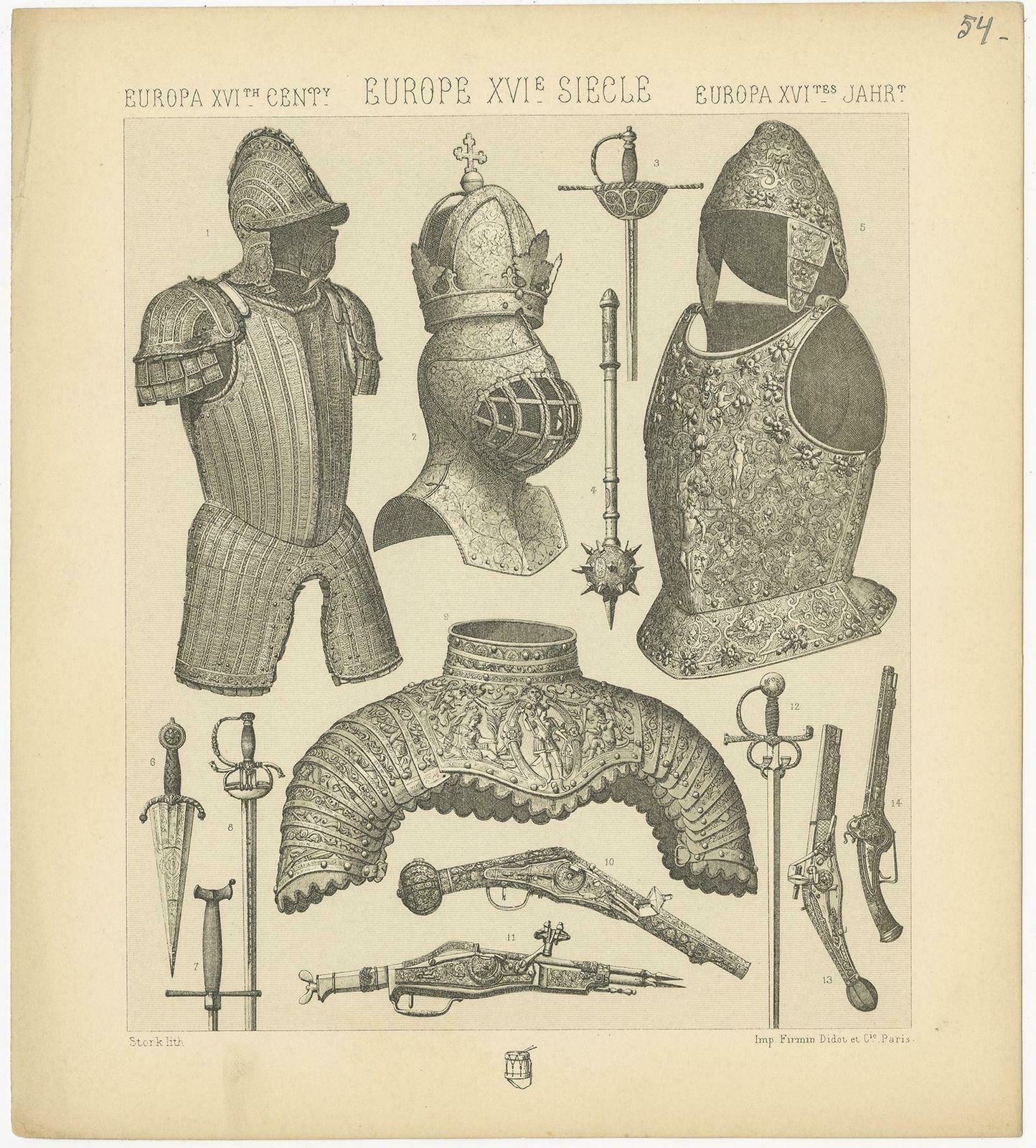 Pl. 54 Antique Print Of European 16th Century Armaments By Racinet, Circa 1880 photo Art