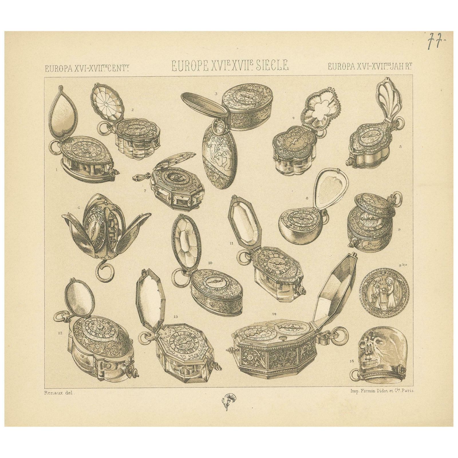Pl. 77 Antique Print Of European Xvith Xviith Clock Objects By Racinet