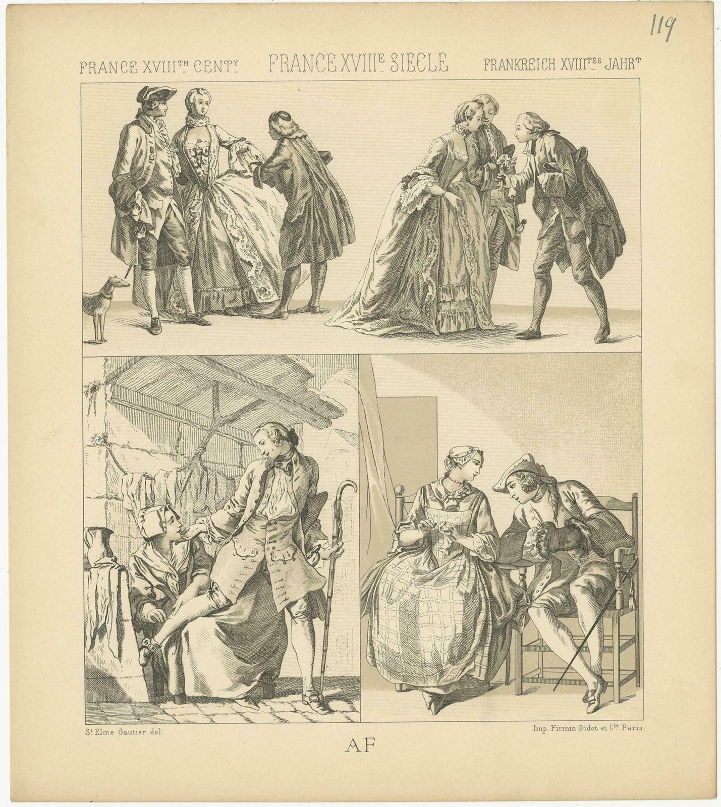 Pl. 119 Antique Print Of French 18th Century Costumes By Racinet, 'Circa 1880' photo for sale