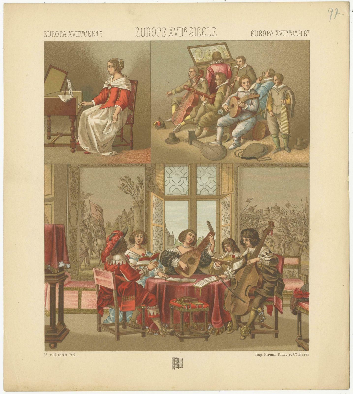 Pl. 97 Antique Print Of European Xviith Century Music Scenes By Racinet photo for sale