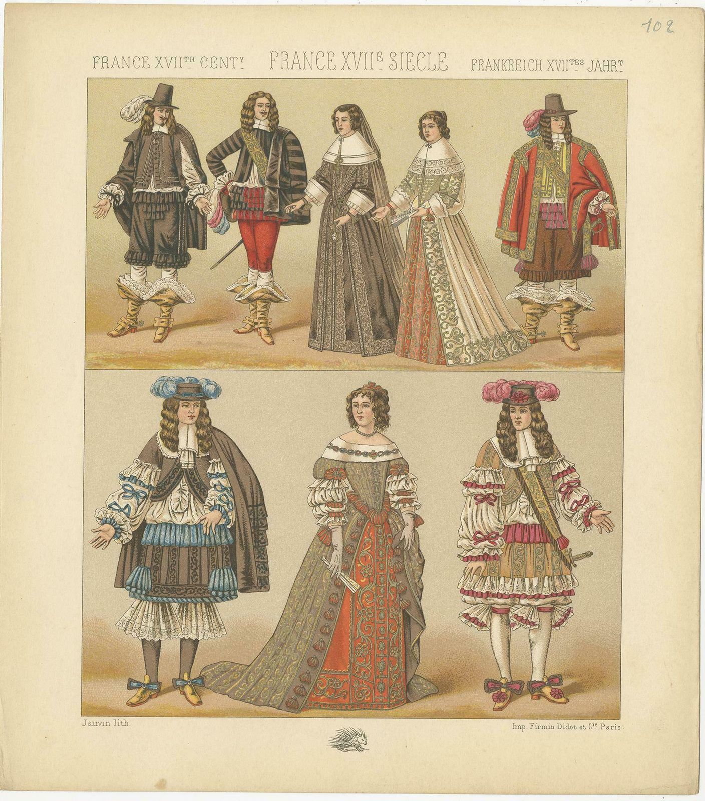 Pl. 102 Antique Print Of French 17th Century Costumes By Racinet, Circa 1880 photo for sale