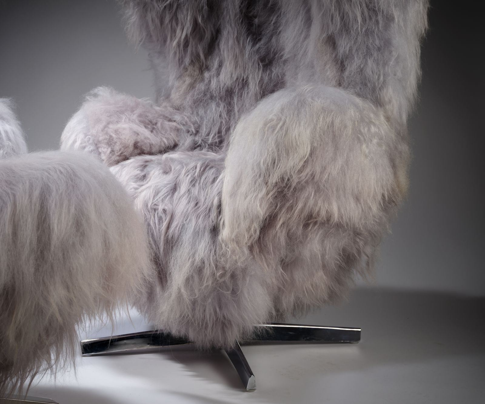 The 'Huggie Bear Chair', Unique Vintage Egg Chair & Footstool Wrapped In Sumptuous Silver Tipped Long Haired Icelandic Sheepskin. 2 Chairs Available. photo furniture
