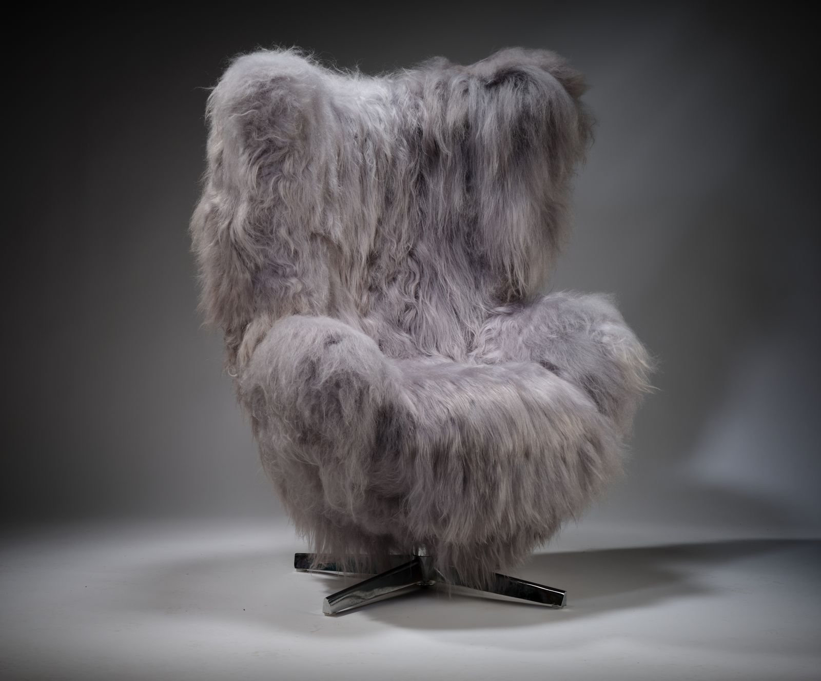 The 'Huggie Bear Chair', Unique Vintage Egg Chair & Footstool Wrapped In Sumptuous Silver Tipped Long Haired Icelandic Sheepskin. 2 Chairs Available. photo vintage