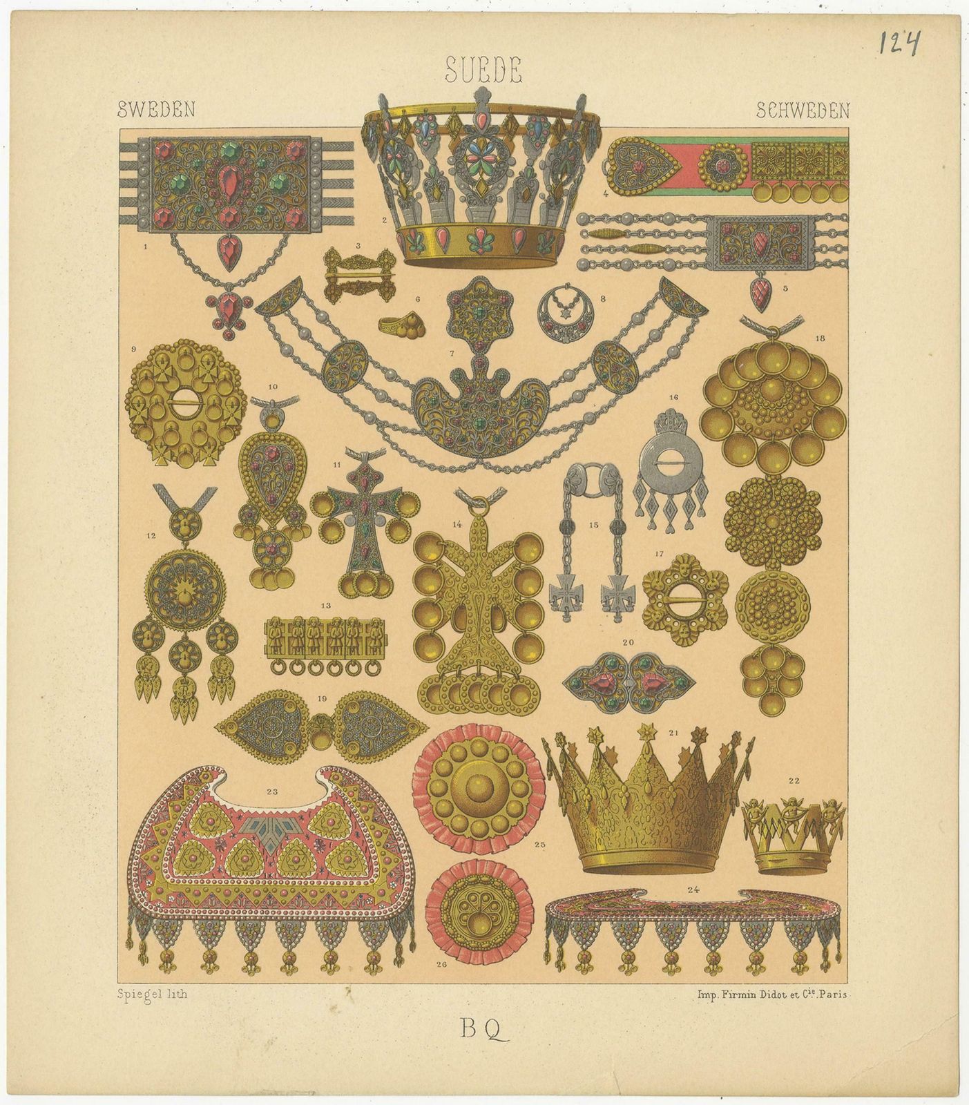 Pl. 124 Antique Print Of Swedish Jewelry Of Racinet, 'Circa 1880' photo for sale