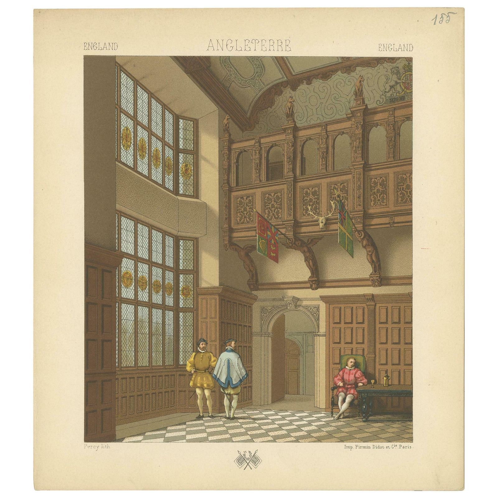 Pl. 155 Antique Print Of English Waiting Room By Racinet, 'Circa 1880'