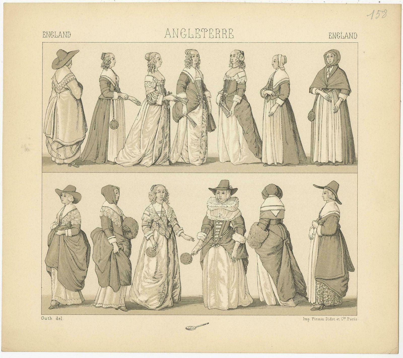 Pl. 158 Antique Print Of English Dresses By Racinet, 'Circa 1880' photo for sale