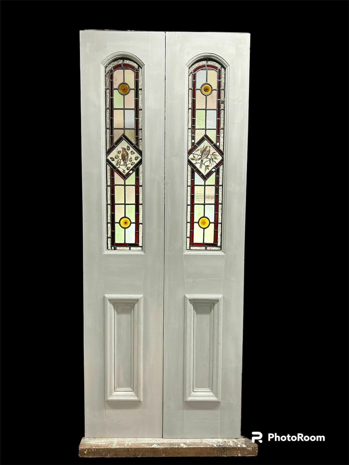 Edwardian Stained Glass Doors Antique Period Reclaimed Old French Double Leaded