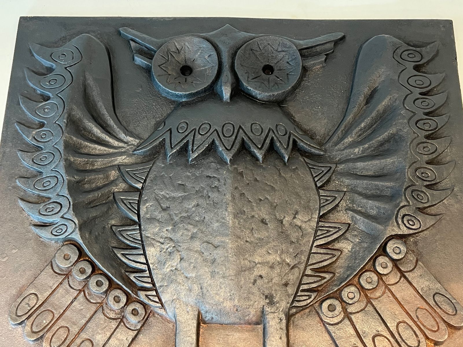 Modernist Cast Iron Fireplace Plate. Owl Model photo vinterior
