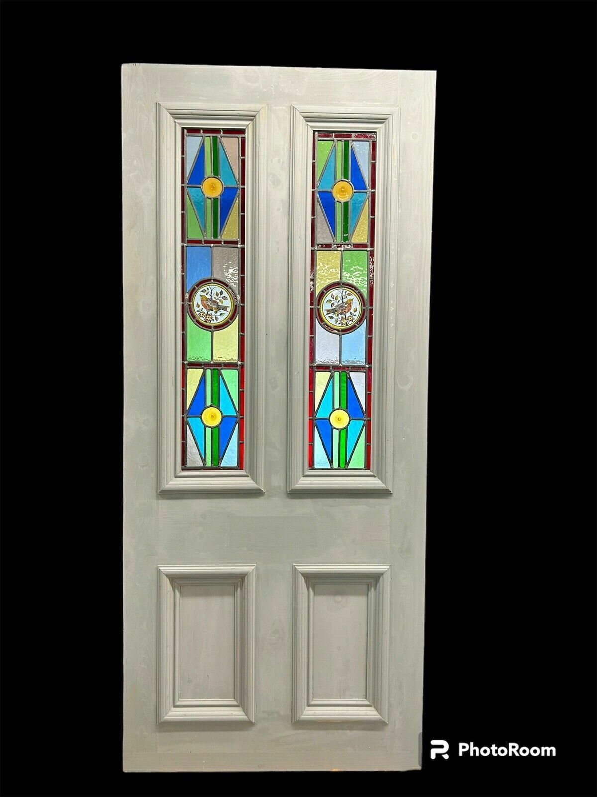 Victorian Stained Glass Front Door Antique Period Reclaimed Leaded Painted Birds