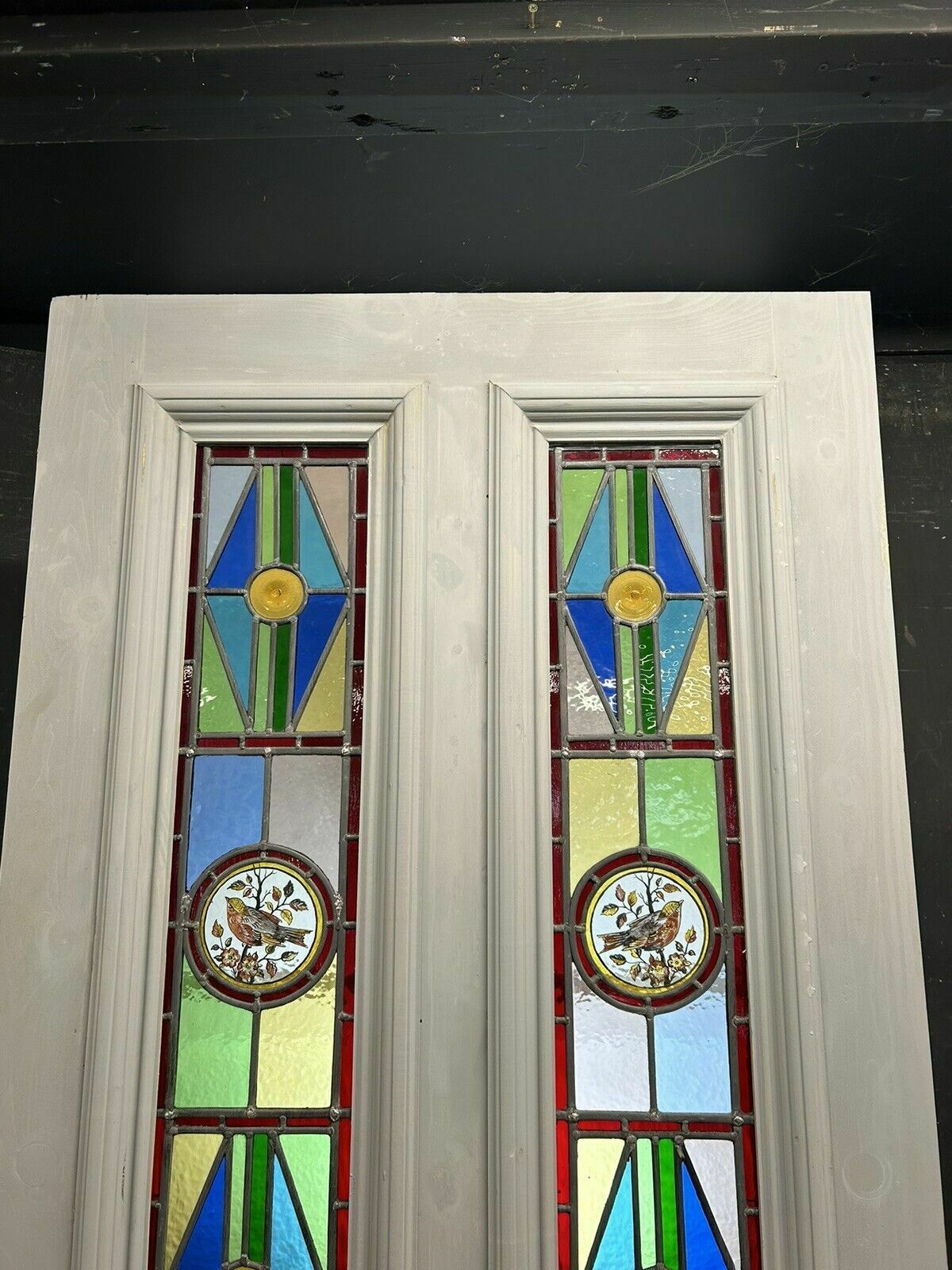 Victorian Stained Glass Front Door Antique Period Reclaimed Leaded Painted Birds photo furniture