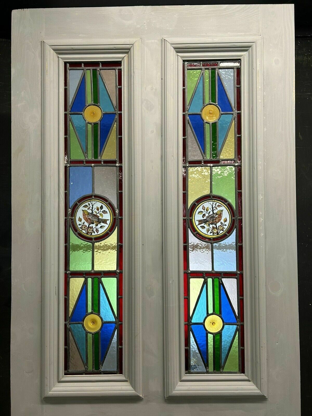 Victorian Stained Glass Front Door Antique Period Reclaimed Leaded Painted Birds photo for sale