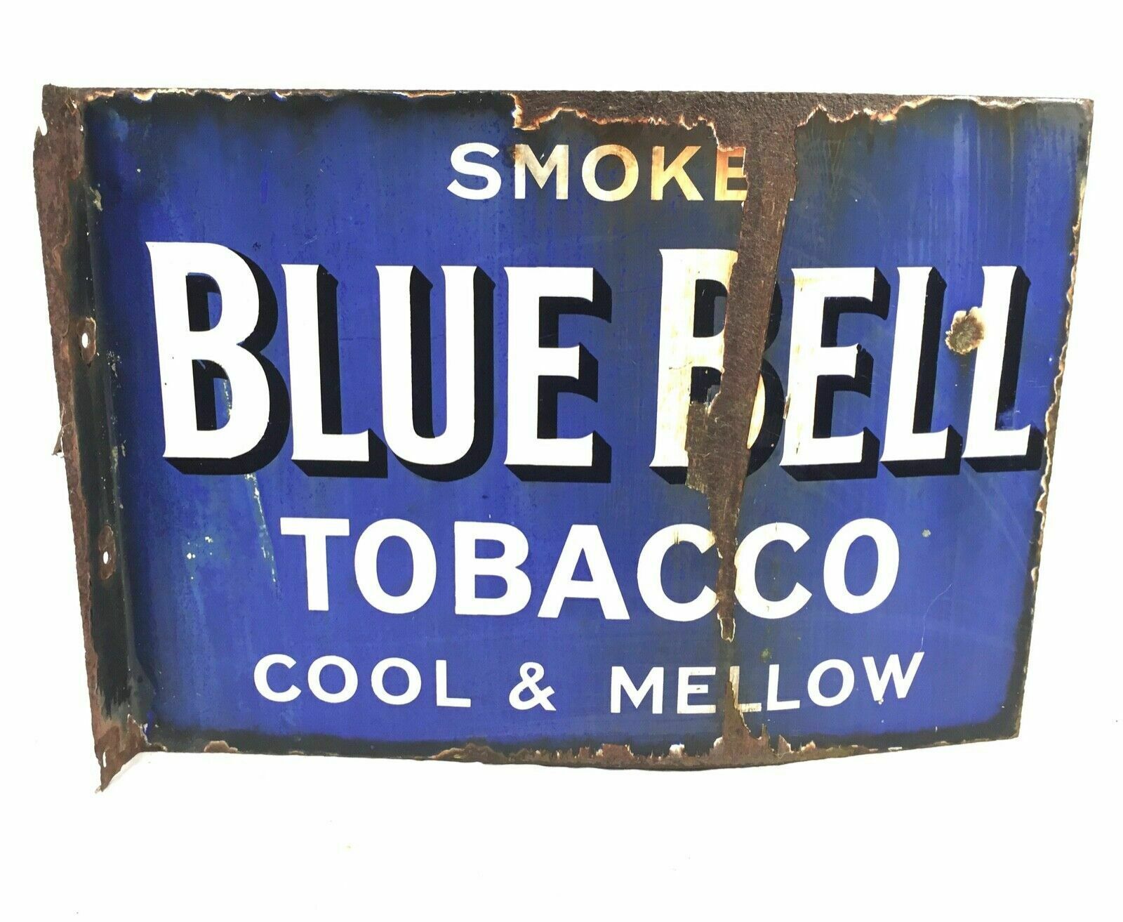 Antique Advertising Early 20th Century Double Side Blue Bell Tobacco Enamel Sign photo for sale