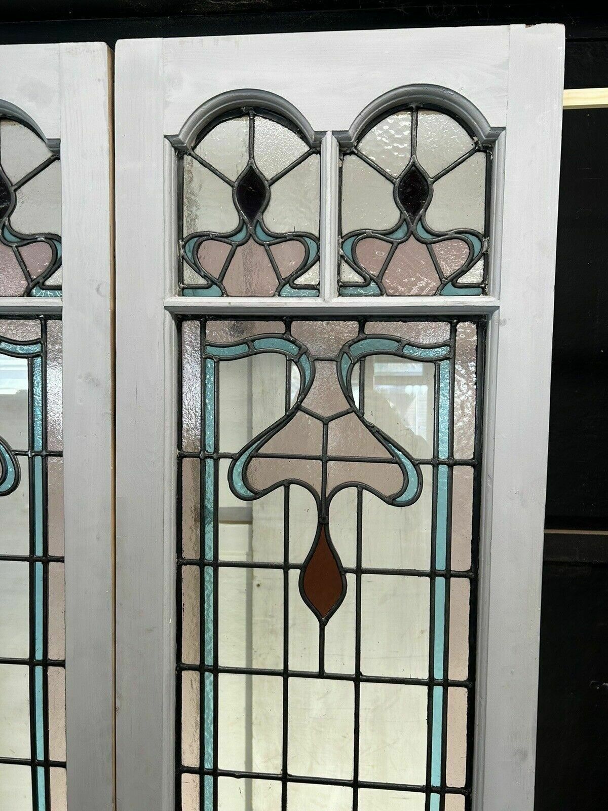 Edwardian Stained Glass Doors Antique Period Reclaimed Old French Double Leaded photo vinterior