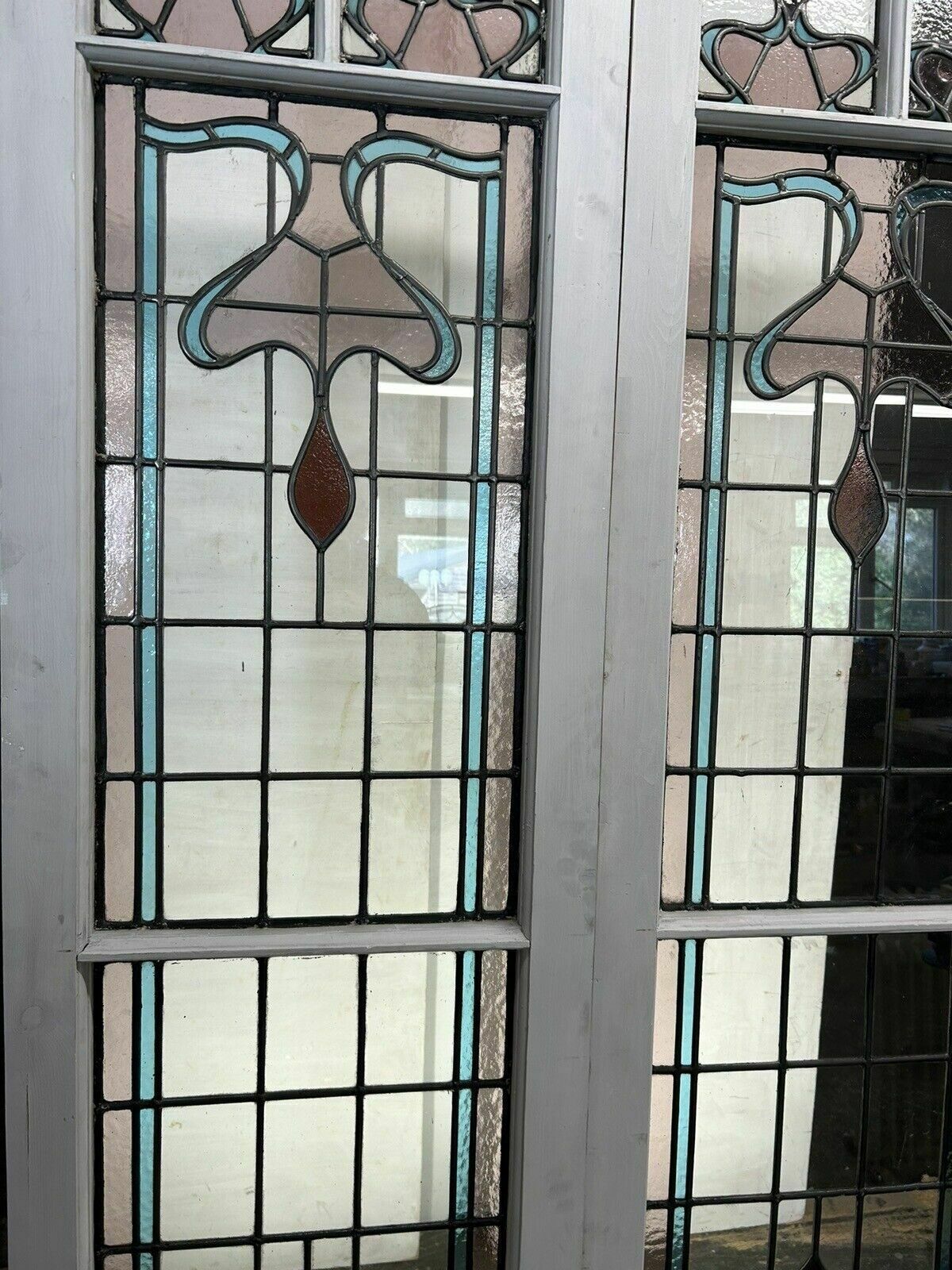 Edwardian Stained Glass Doors Antique Period Reclaimed Old French Double Leaded photo vintage